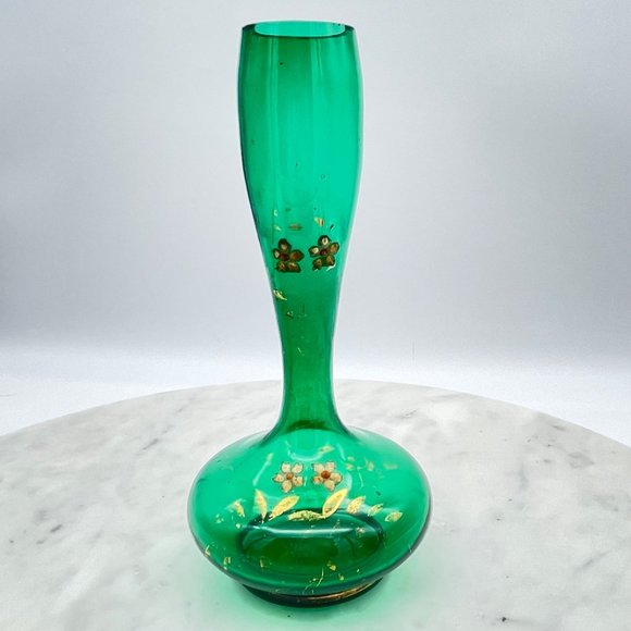Emerald Green Bohemian Glass Bud Vase Pair Hand Blown Painted Fluted Unique Vint - Picture 4 of 14